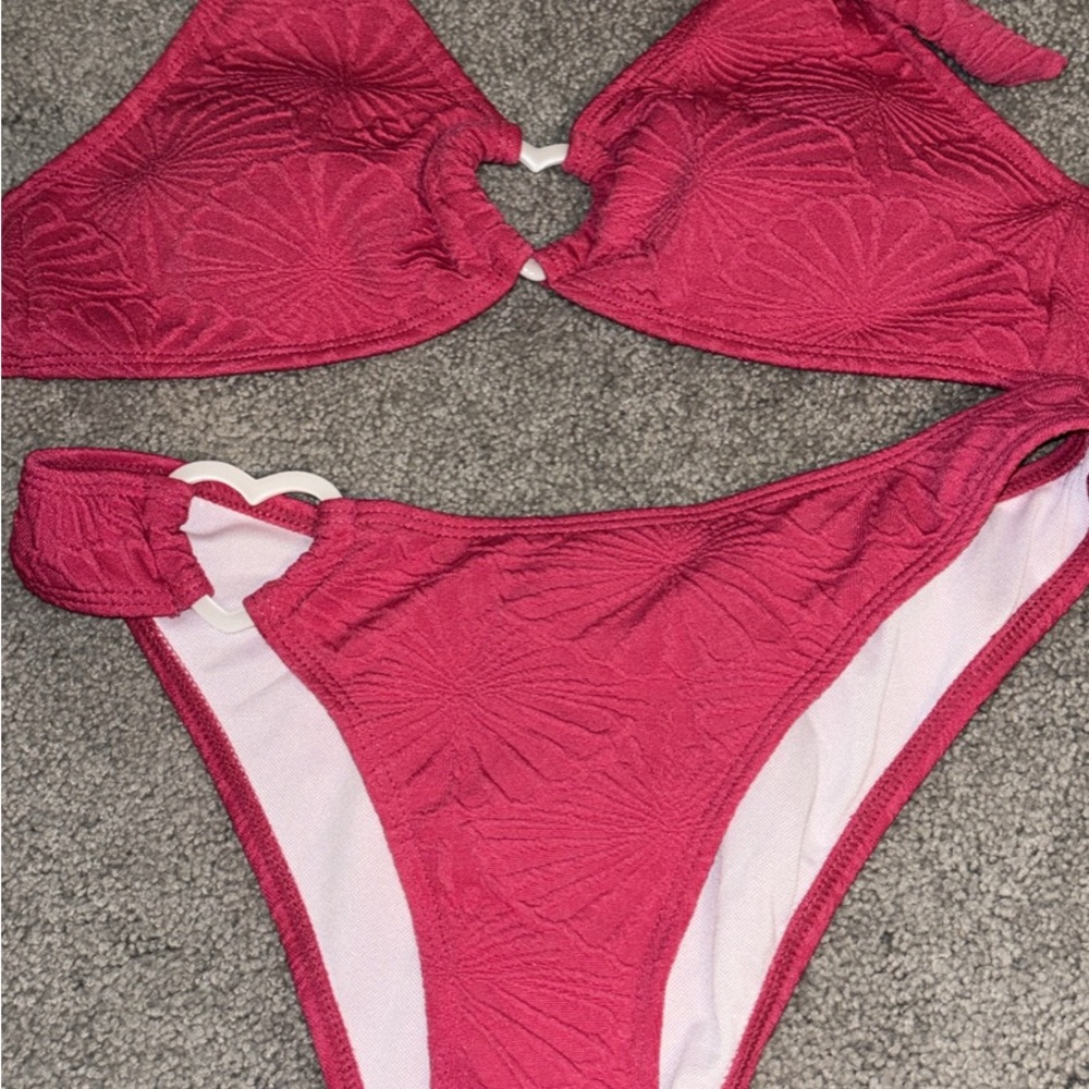 Textured Heart-Accent Raspberry Bikini Set
